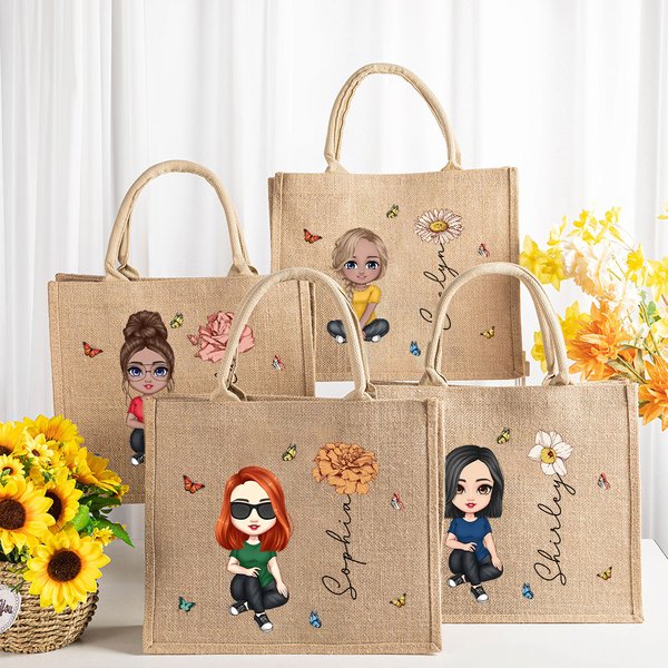 Custom Burlap Tote Bags, Cartoon Women Girl Birth Flower Bridesmaid Tote Bag