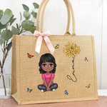 Personalized Cute Cartoon Women Girl Birth Flower Jute Tote Bag with Name Wedding Birthday Mother's Day Gift for Her
