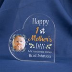 Personalised Happy 1st Mother's Day Transparent Acrylic Heart Plaque with Photo and Text Desk Decor Mother's Day Gift for Mom New Mother