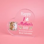 Personalised Happy 1st Mother's Day Transparent Acrylic Heart Plaque with Photo and Text Desk Decor Mother's Day Gift for Mom New Mother
