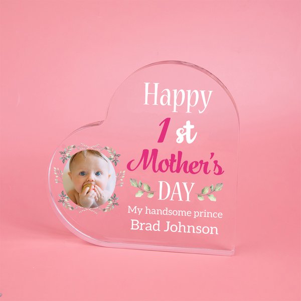 Personalised Happy 1st Mother's Day Transparent Acrylic Heart Plaque with Photo and Text Desk Decor Mother's Day Gift for Mom New Mother