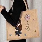 Custom Burlap Tote Bags, Cartoon Women Girl Birth Flower Bridesmaid Tote Bag
