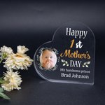 Personalised Happy 1st Mother's Day Transparent Acrylic Heart Plaque with Photo and Text Desk Decor Mother's Day Gift for Mom New Mother