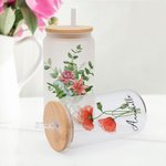 Personalized Watercolor Family Birth Flower Bouquet Can Shaped Glass Cup with Bamboo Lid and Straw Birthday Mother's Day Gift for Mom Grandma