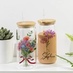 Personalized Watercolor Family Birth Flower Bouquet Can Shaped Glass Cup with Bamboo Lid and Straw Birthday Mother's Day Gift for Mom Grandma