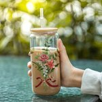 Personalized Watercolor Family Birth Flower Bouquet Can Shaped Glass Cup with Bamboo Lid and Straw Birthday Mother's Day Gift for Mom Grandma