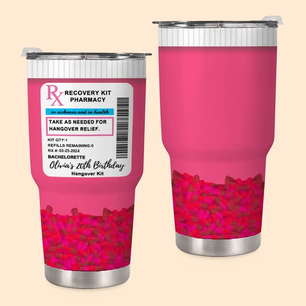 Henkilökohtainen vaaleanpunainen Recovery Kit RX Pill 30oz ruostumattomasta teräksestä valmistettu lasipullo, jossa on olki Nimi Bachelorette Party Favor Syntymäpäivä hänelle
