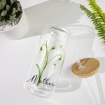 Personalized Watercolor Family Birth Flower Bouquet Can Shaped Glass Cup with Bamboo Lid and Straw Birthday Mother's Day Gift for Mom Grandma