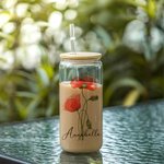 Personalized Watercolor Family Birth Flower Bouquet Can Shaped Glass Cup with Bamboo Lid and Straw Birthday Mother's Day Gift for Mom Grandma