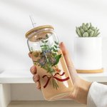 Personalized Watercolor Family Birth Flower Bouquet Can Shaped Glass Cup with Bamboo Lid and Straw Birthday Mother's Day Gift for Mom Grandma