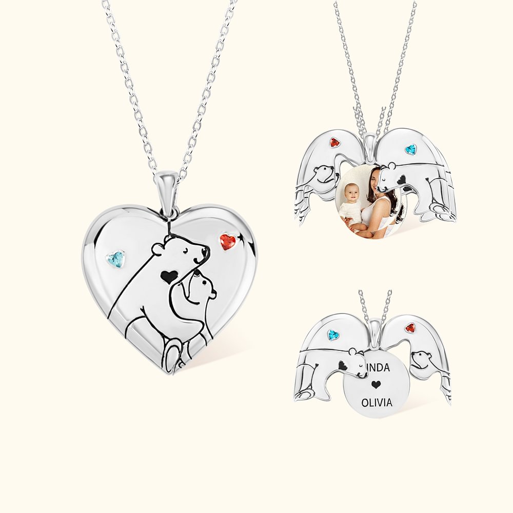 Collier Personnalisé avec Photo Noms Pierre de Naissance Pendentif en Forme de Cœur à Motif Ours Cadeau Familial de Fête des Mères pour Femme