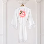 Personalised Birth Flower Satin Robe with Lace-Trim and Name Bachelorette Bridal Party Wedding Gift for Bridesmaids