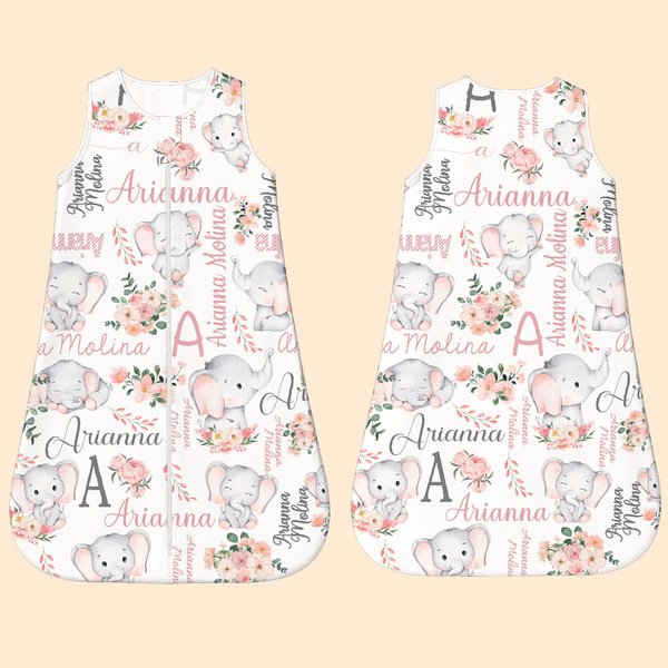Personlig blommig söt elefant ärmlös sovsäck med dragkedja för baby med initialer och namn Födelsedag Baby Shower Present till nyfödd