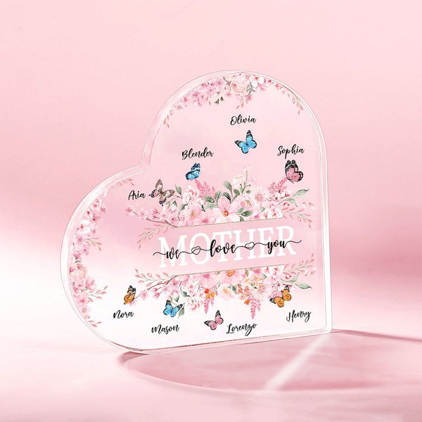 Plaque acrylique personnalisée We Love You Flower Butterfly Heart avec nom Anniversaire Fête des mères Décoration intérieure Cadeau pour femmes