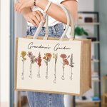 Personalized Large Capacity 1-20 Birth Flowers Garden Jute Tote Bag with Names Birthday Mother's Day Gift for Woman
