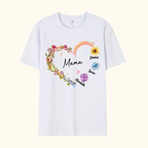 Personalisierte Aquarell Blumen Liebe Herz 100% Baumwolle T-Shirt mit 1-10 Kindernamen Muttertag Geburtstag Geschenk für Oma Mama