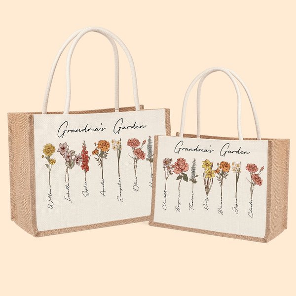 Personalizado de gran capacidad 1-20 Nacimiento Flores Jardín Bolsa de yute con nombres Cumpleaños Día de la Madre Regalo para Mujer