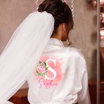 Personalised Birth Flower Satin Robe with Lace-Trim and Name Bachelorette Bridal Party Wedding Gift for Bridesmaids