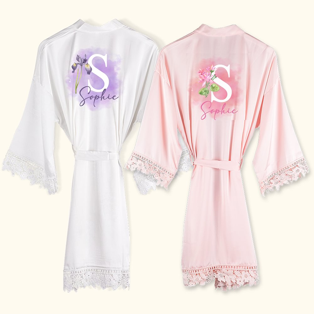Personalized Birth Flower Satin Robe, with Custom Name, Gift for