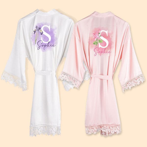 Personalised Birth Flower Satin Robe with Lace-Trim and Name Bachelorette Bridal Party Wedding Gift for Bridesmaids