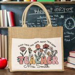 Borsa personalizzata in iuta con fiori selvatici Boho, tasca in tela e nome Regalo di apprezzamento per l'insegnante per il ritorno a scuola