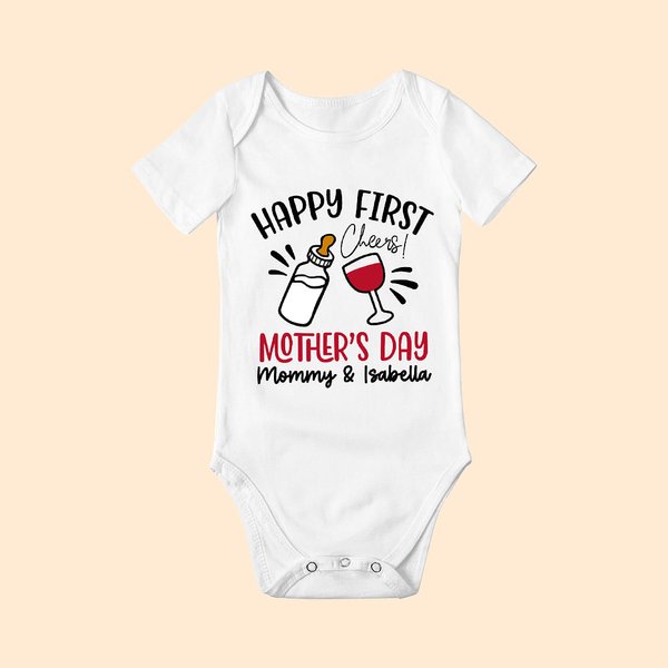 Personalized Cheers Happy First Mother’s Day 100% Cotton Baby Onesie with Name Mother's Day Gift For Mom Baby