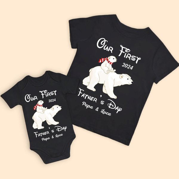 T-shirt Onesie Personnalisé avec Nom Ours Polaire Père et Fille Fils Cadeau Fête des Pères pour Nouveau Papa Bébé