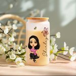 Personalised Cute Cartoon Women Girl Birth Flower Bouquet 20oz Glass Cup with Bamboo Lid Birthday Mother's Day Gift for Her