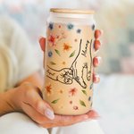 Personalized Hand in Hand Watercolour Floral 20oz Frosted Glass Tumbler with Lid Straw and Names Birthday Mother's Day Gift for Woman