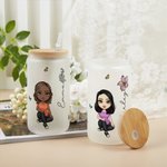 Personalised Cute Cartoon Women Girl Birth Flower Bouquet 20oz Glass Cup with Bamboo Lid Birthday Mother's Day Gift for Her