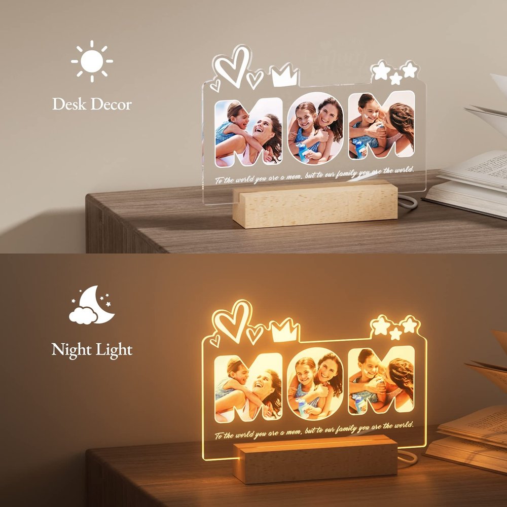Collage di foto personalizzate Mamma Luce notturna a LED con base in legno e 7 modalità di illuminazione