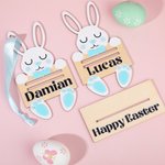 Henkilökohtainen puinen Bunny Money Holder nimi pääsiäiskori Tag Holiday Party lahja lapsille