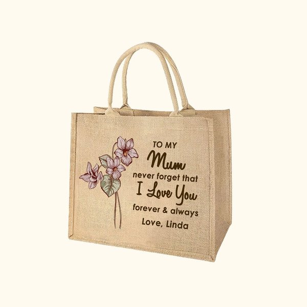 Sac en toile de jute personnalisé avec fleur de naissance et nom Cadeau d'anniversaire de la fête des mères pour maman grand-mère