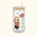Personalised Cute Cartoon Women Girl Birth Flower Bouquet 20oz Glass Cup with Bamboo Lid Birthday Mother's Day Gift for Her