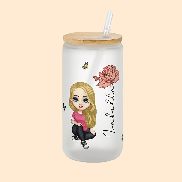 Verre-Canette Dépoli 600 ml Personnalisé avec Personnage Cartoon Nom et Fleur de Naissance Couvercle en Bambou Cadeau Anniversaire pour Femme
