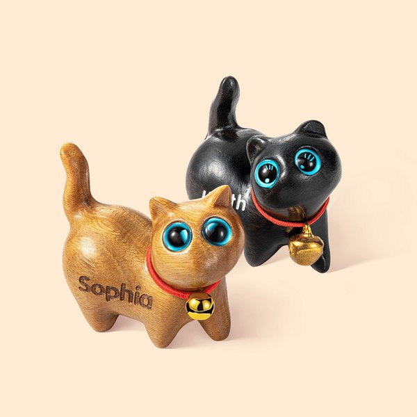 Mini Cute Cat Wood Carving Statue with Engraved Name