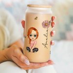 Personalised Cute Cartoon Women Girl Birth Flower Bouquet 20oz Glass Cup with Bamboo Lid Birthday Mother's Day Gift for Her