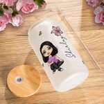 Personalised Cute Cartoon Women Girl Birth Flower Bouquet 20oz Glass Cup with Bamboo Lid Birthday Mother's Day Gift for Her