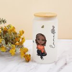Personalised Cute Cartoon Women Girl Birth Flower Bouquet 20oz Glass Cup with Bamboo Lid Birthday Mother's Day Gift for Her