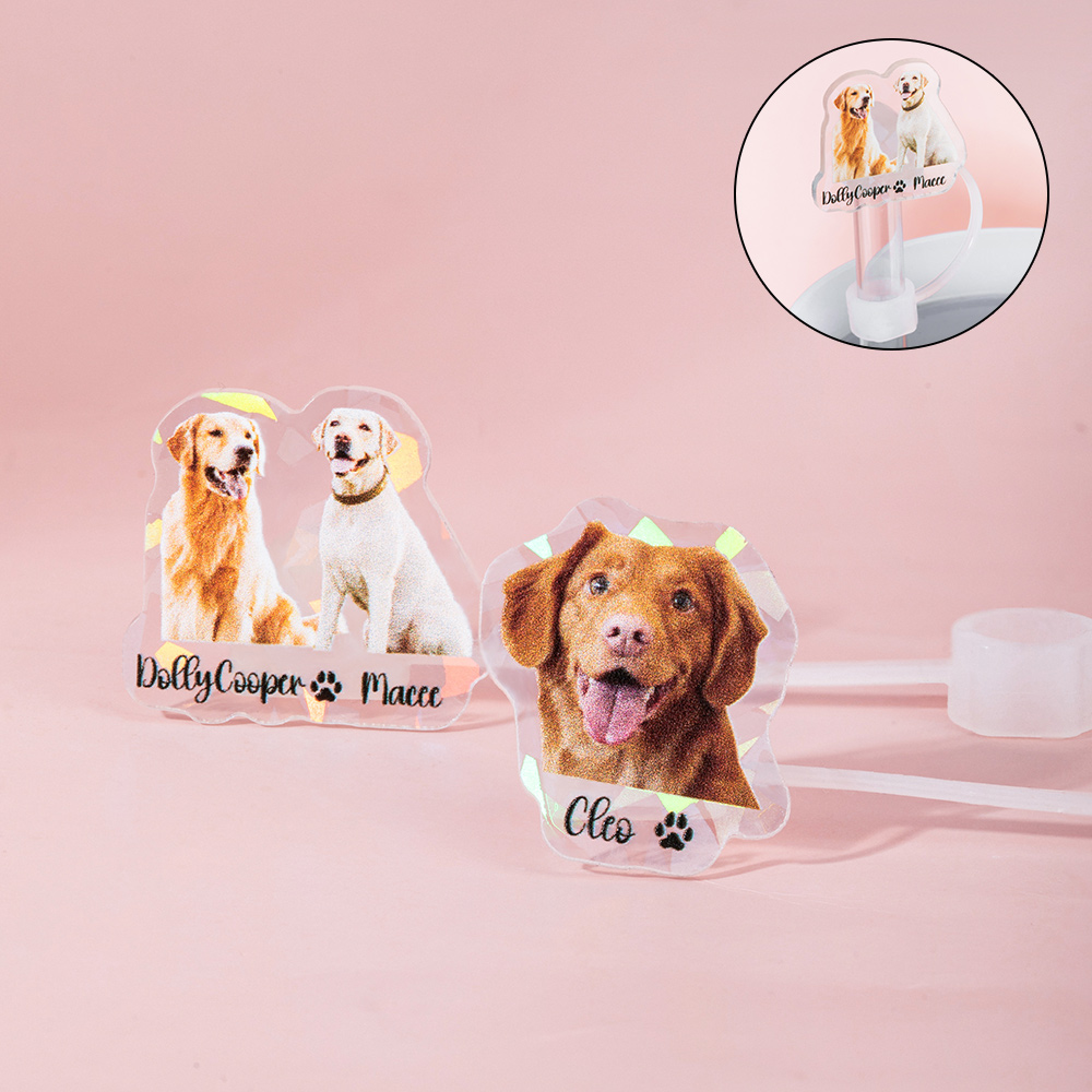 Couvercle de Paille Personnalisé avec 1-3 Photos et Noms Animaux Accessoire Réutilisable de Bouteille Cadeau pour Amoureux d'Animal de Compagnie