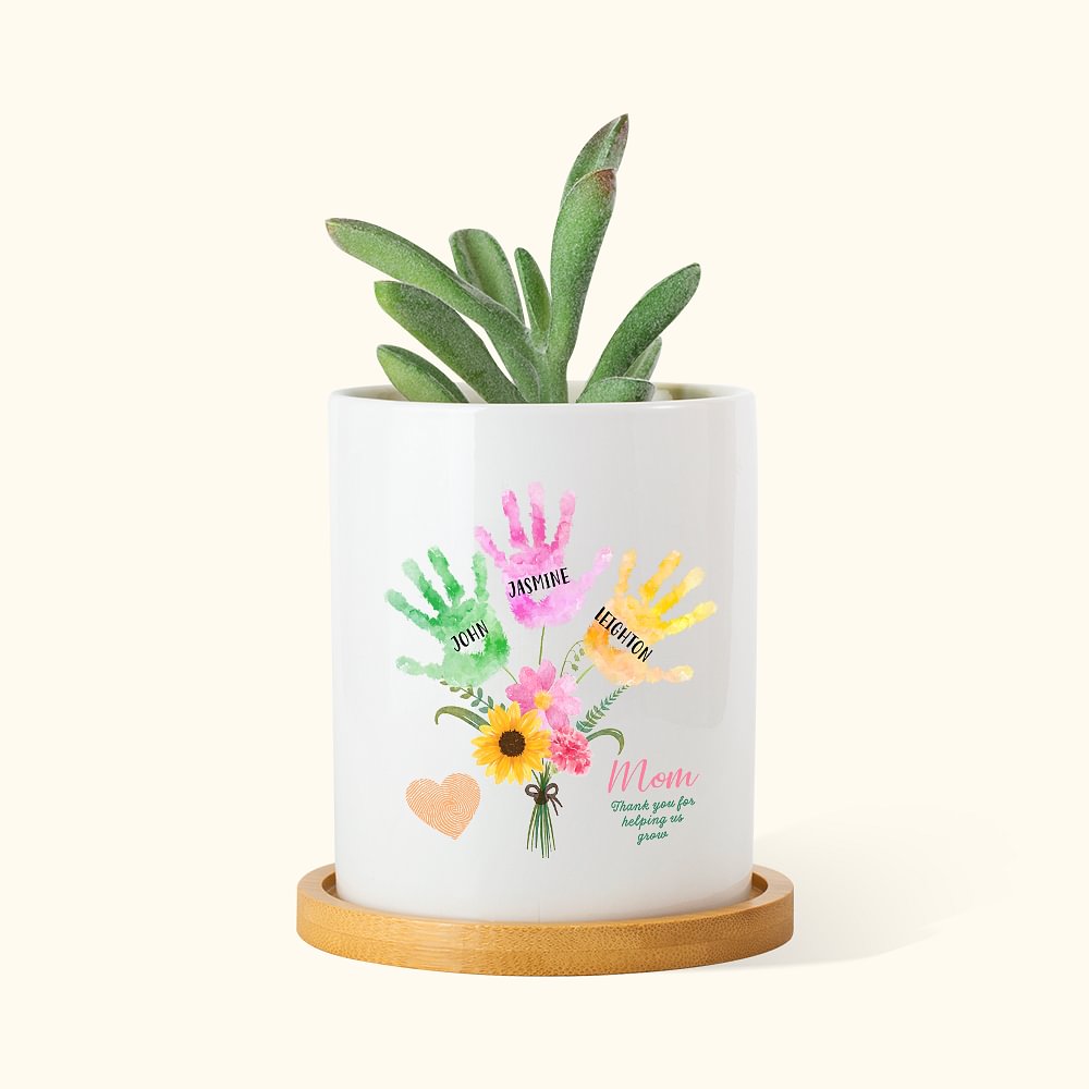 Pot de fleurs personnalisé en céramique avec base en bambou Cadeau de Fête des Mères pour Maman