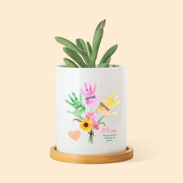 Gepersonaliseerde keramische handafdruk boeket bloempot met bamboe basis Moederdag cadeau voor moeder