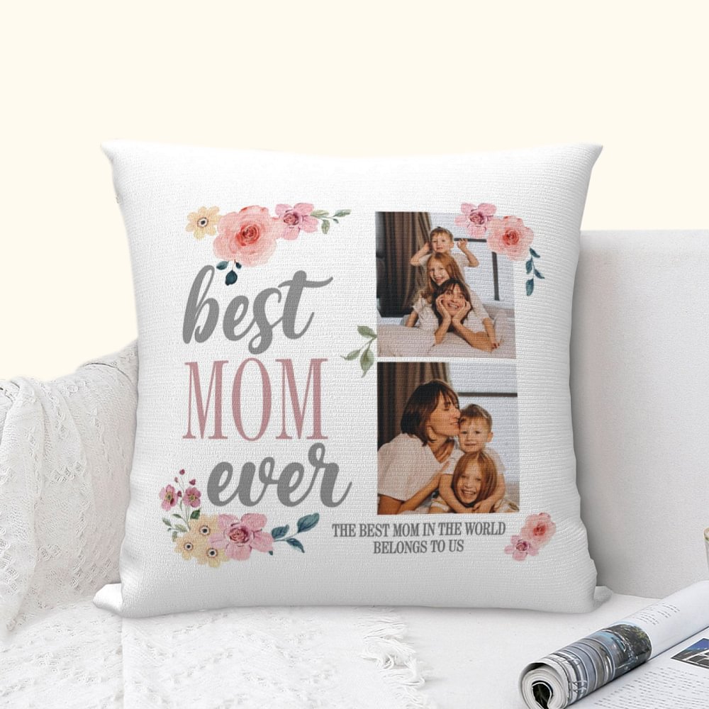 Housse de coussin personnalisée Best Mom Ever Photo Collage Floral avec Texte Cadeau de Fête des Mères pour Mère Grand-mère