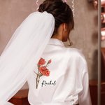 Personalized Watercolor Birth Flower Satin Robe with Lace Trim and Name Bachelorette Party Bridesmaid Wedding Gift for Her