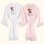 Personalized Watercolor Birth Flower Satin Robe with Lace Trim and Name Bachelorette Party Bridesmaid Wedding Gift for Her