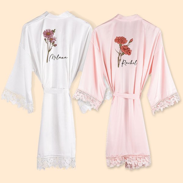 Watercolor Birth Flower Satin Robe with Lace Trim