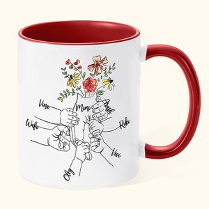 Mug Céramique Personnalisé avec Noms et Fleurs de Naissance sur Mains Maman et 1-9 Enfants Cadeau Anniversaire Fête pour Maman Grand-Mère