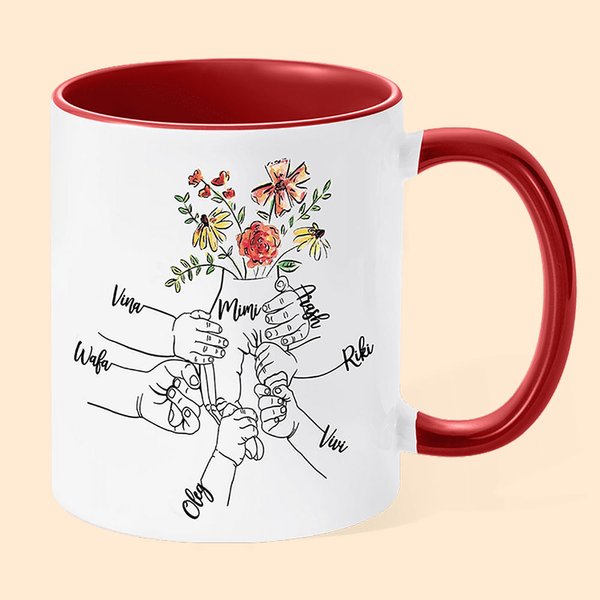 Mug Céramique Personnalisé avec Noms et Fleurs de Naissance sur Mains Maman et 1-9 Enfants Cadeau Anniversaire Fête pour Maman Grand-Mère