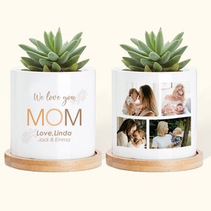 Personalisierte Foto Collage Sukkulente Blumentopf mit Drainageloch und Bambus Basis Muttertag Geburtstag Geschenk für Mama Oma