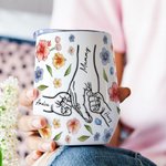 Personalised Mom And Kids Hand In Hand Watercolour Floral 12oz Wine Tumbler with Name Mother's Day Gift for Mom Grandma